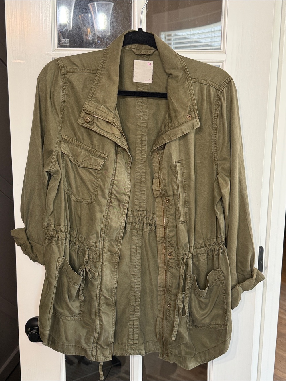SO Olive Utility Drawstring Jacket Size Large Minimalist Capsule Wardrobe